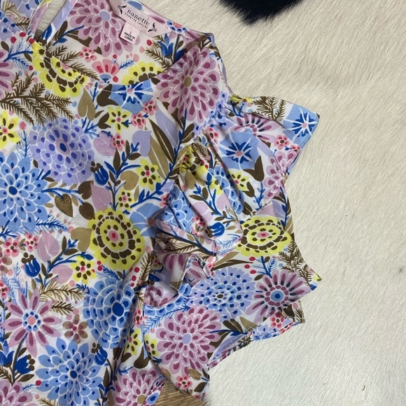 Nanette Lepore Women's Floral Multicolor Blue Flutter Sleeve Blouse - Picture 5 of 8